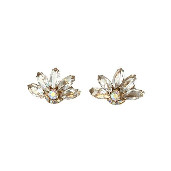 Vintage Rhinestone Glass Clip On Earrings Evening Formal Elegant Goldtone - Picture 1 of 14
